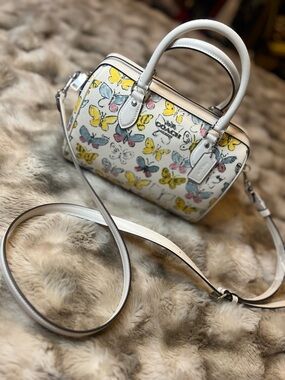 NWOT Med COACH Rowan Satchel Bag w Butterfly Print Canvas & Leather -Retail $398